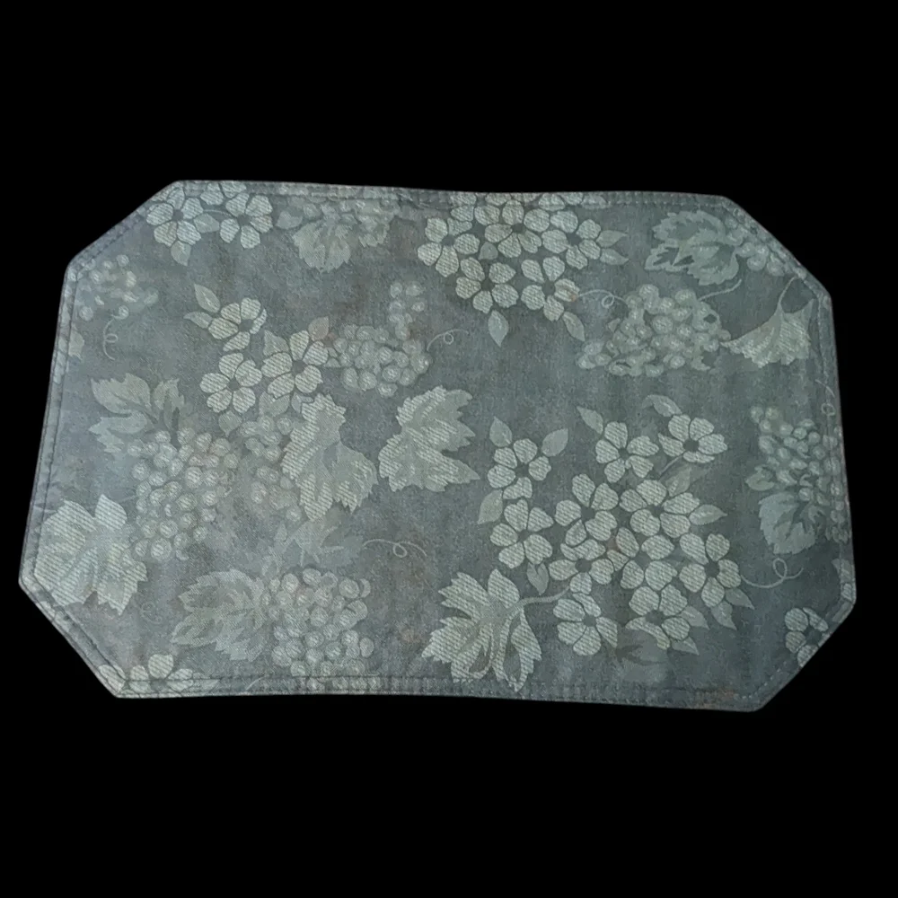 VTG MCM 2-Green & 1-Brown Tone On Tone Damask & Grapevine Print Vinyl Placemats